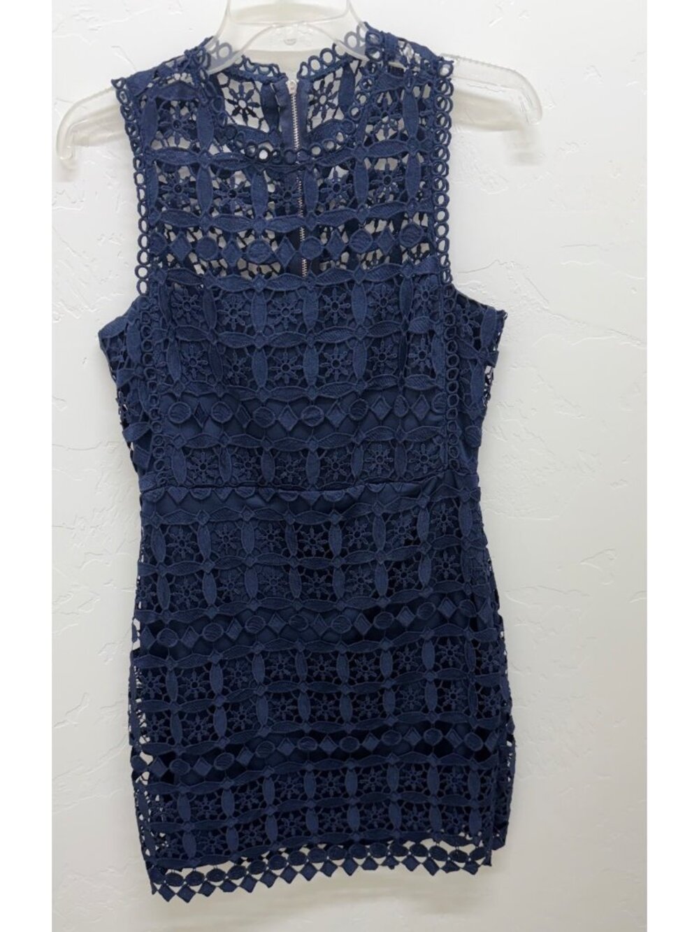 Lulus Navy Blue Crochet Lace Mini Dress Sleeveless High Neck Elegant Party Wear